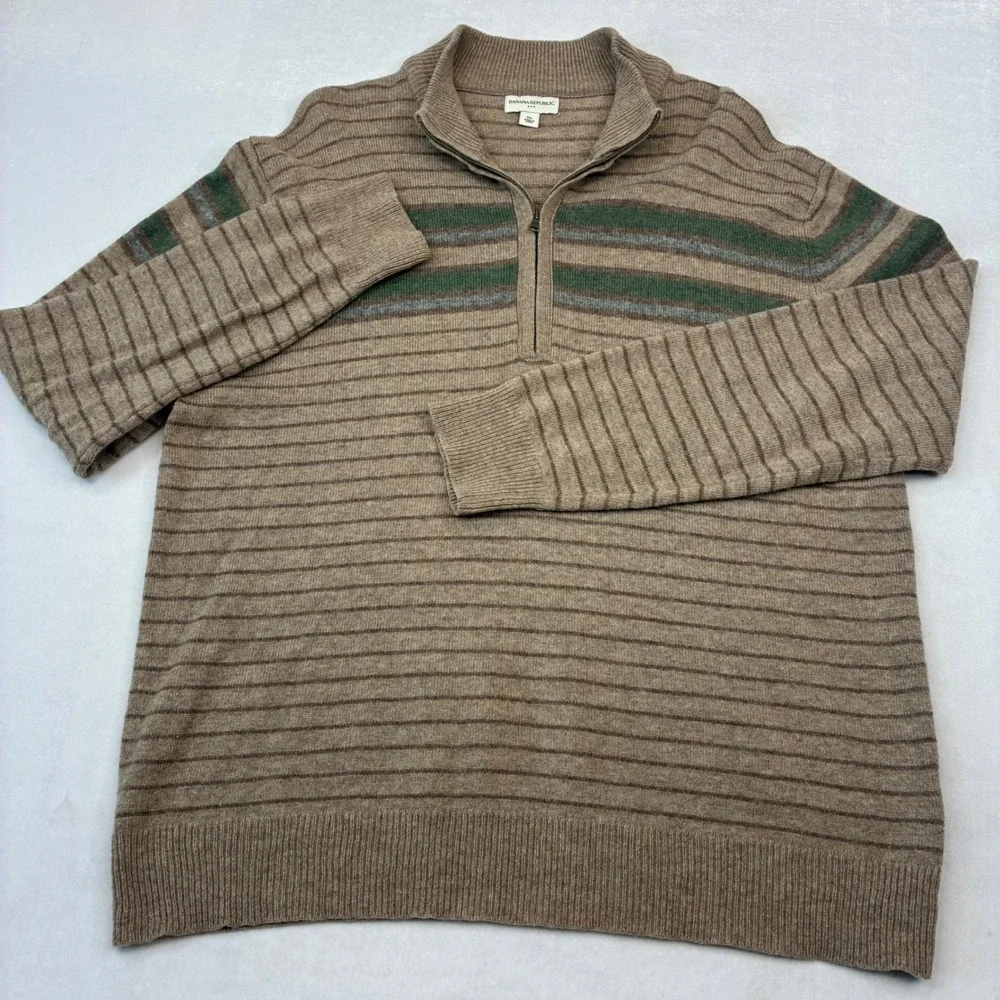 Banana Republic Quarter Zip Sweater Mens XXL Brown Striped Lambswool Pullover